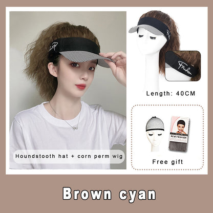 Wig Hat Integrated Women's Fashion Ponytail Wool Fiber Hair Houndstooth Cap Baseball Hat Wig